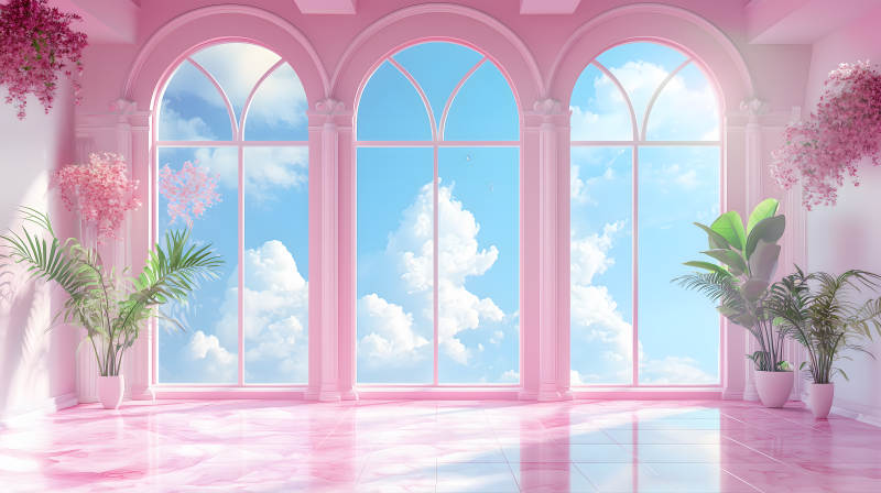 粉色调室内拱窗映天图片
