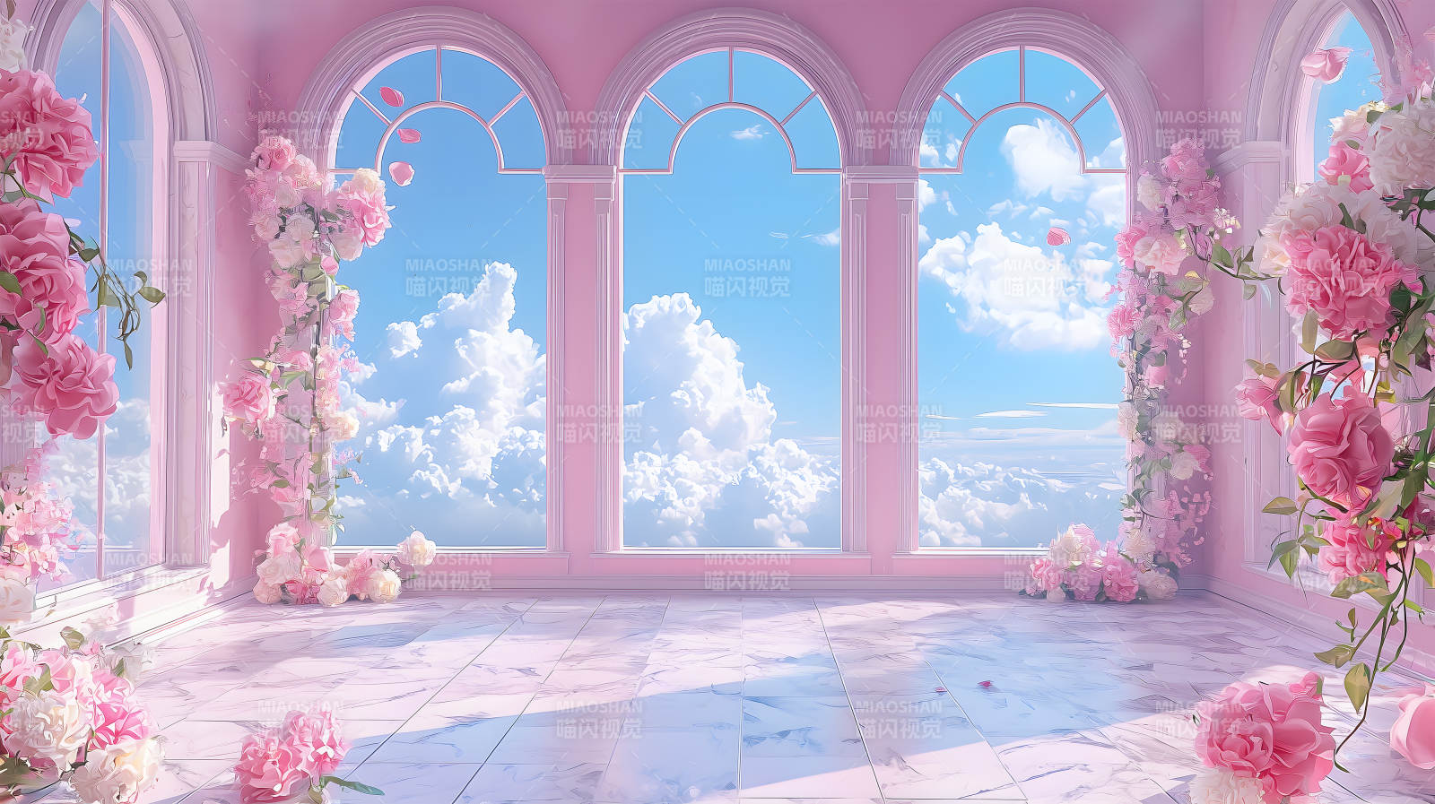 粉色调室内拱窗映天图片