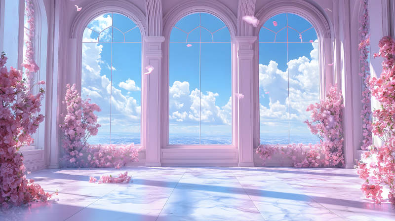 粉色调室内拱窗映天图片