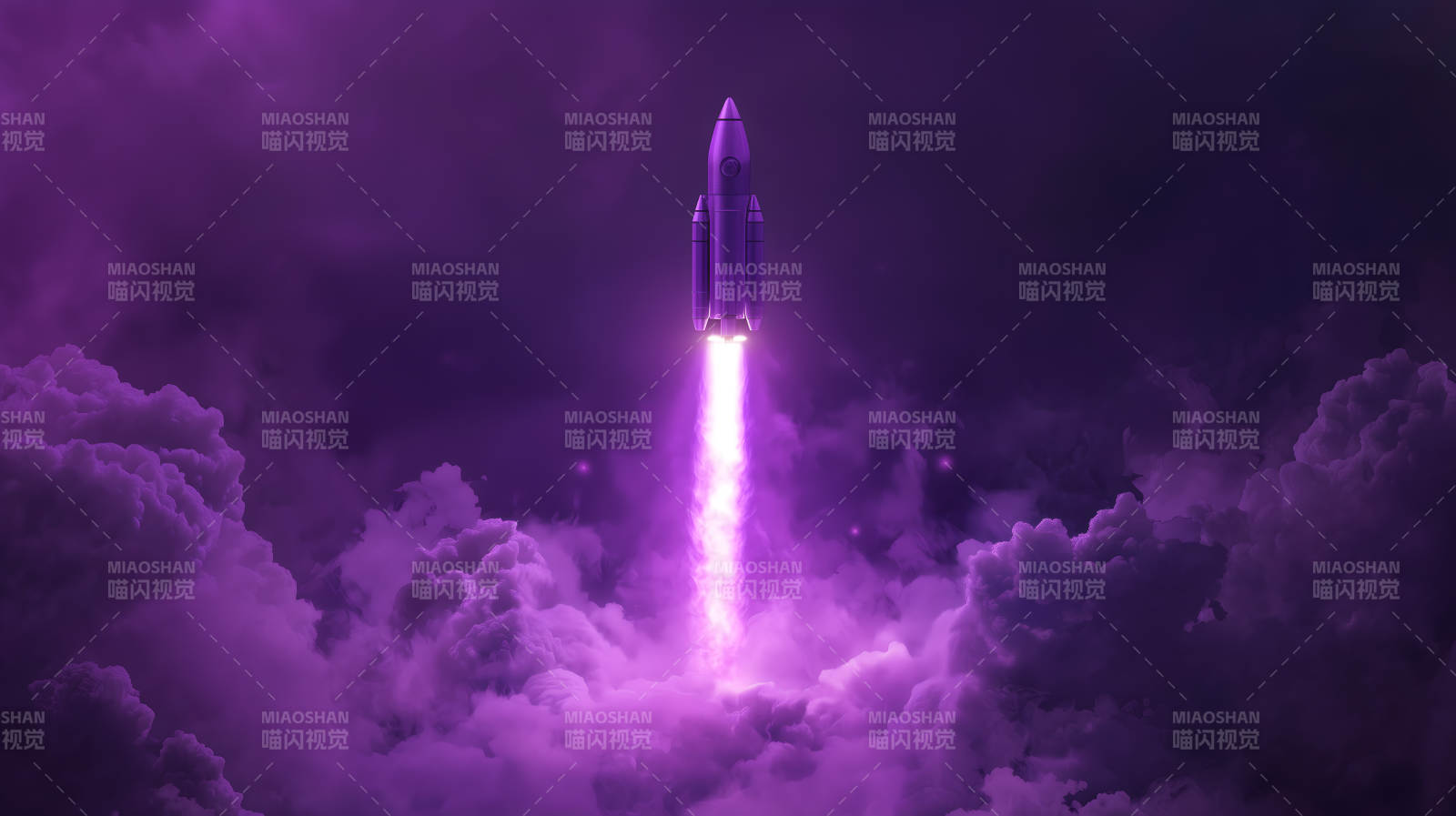 紫色云雾中火箭发射升空的震撼场景图片