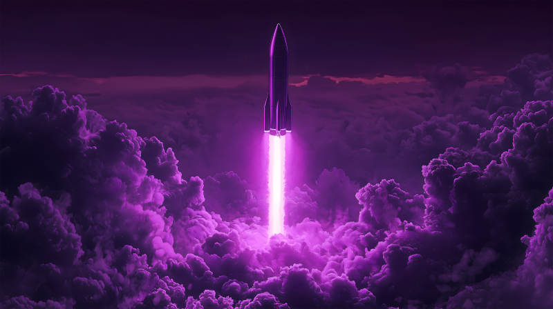紫色云雾中火箭发射升空的震撼场景图片
