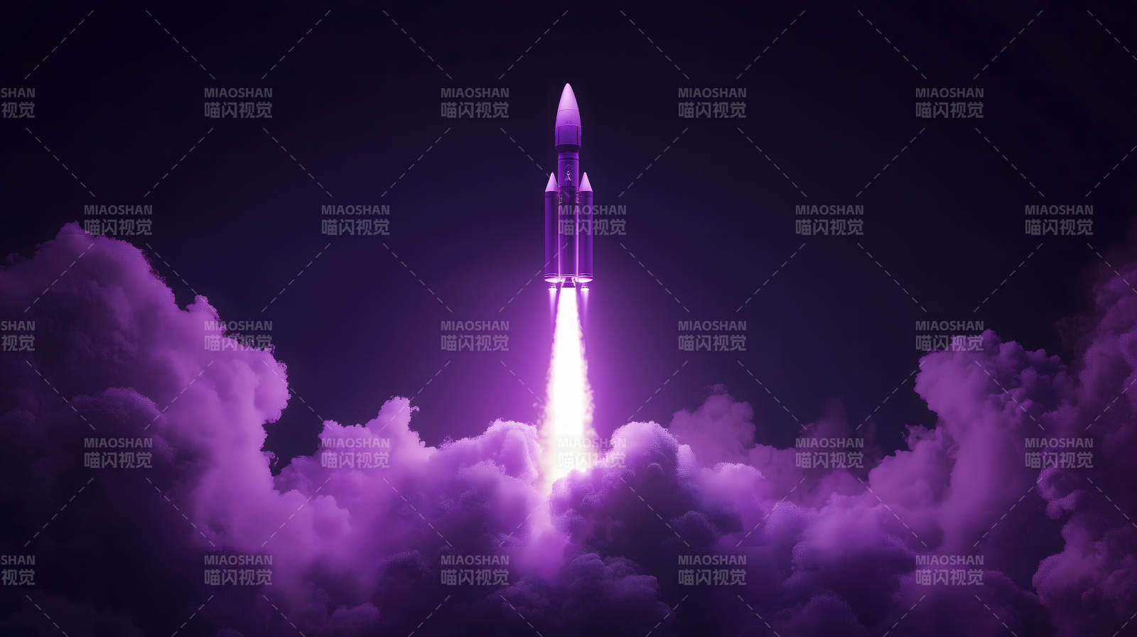 紫色云雾中火箭发射升空的震撼场景图片