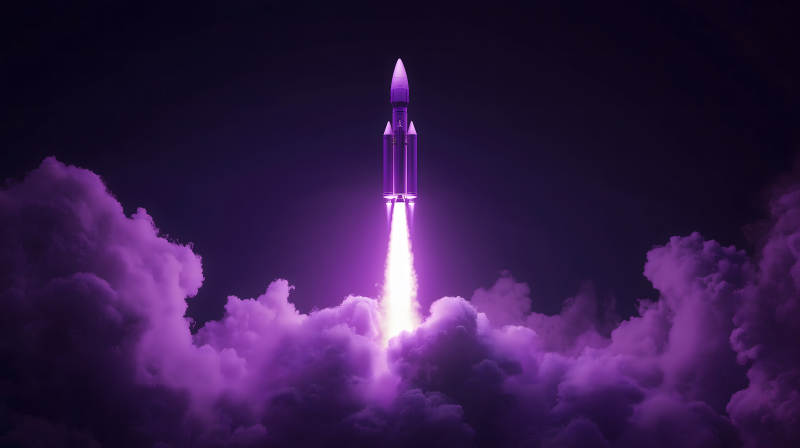 紫色云雾中火箭发射升空的震撼场景图片