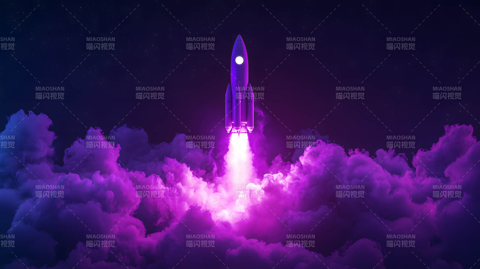 紫色云雾中火箭发射升空的震撼场景图片