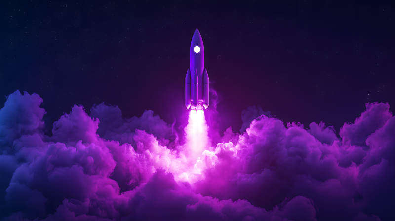 紫色云雾中火箭发射升空的震撼场景图片