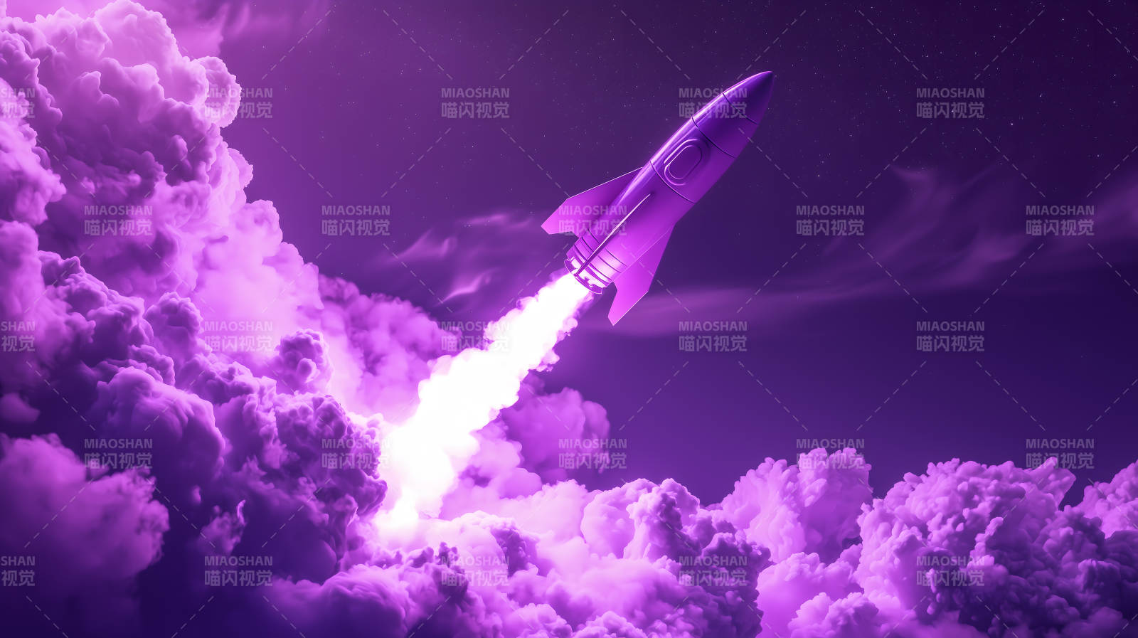 紫色云雾中火箭发射升空的震撼场景图片