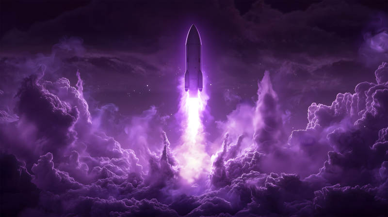 紫色云雾中火箭发射升空的震撼场景图片