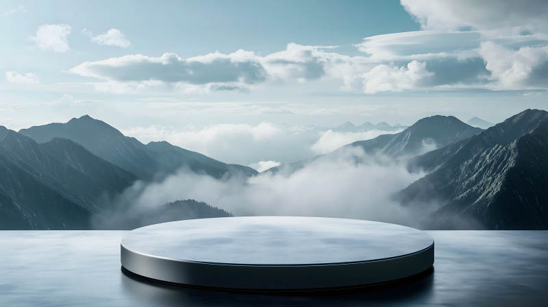 云雾缭绕山巅上的圆形灰色展示台图片