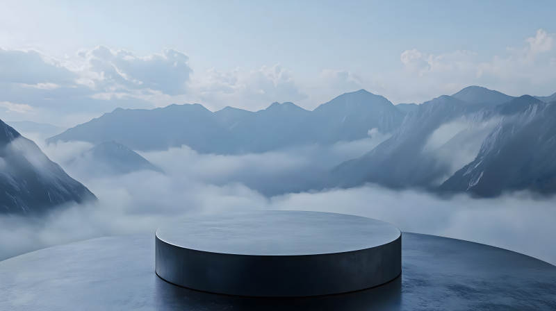 云雾缭绕山巅上的圆形灰色展示台图片