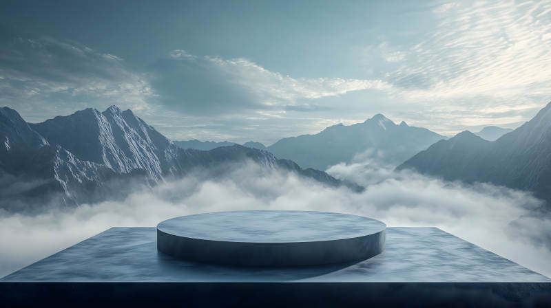 云雾缭绕山巅上的圆形灰色展示台图片