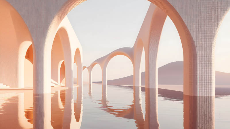 橙白拱廊水景图片