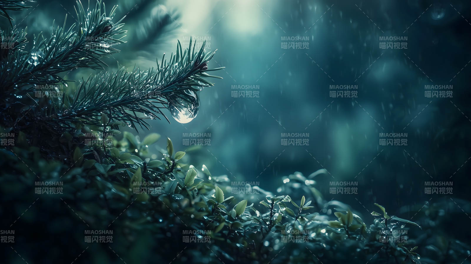 雨中挂着水珠的深绿色松树枝画面图片