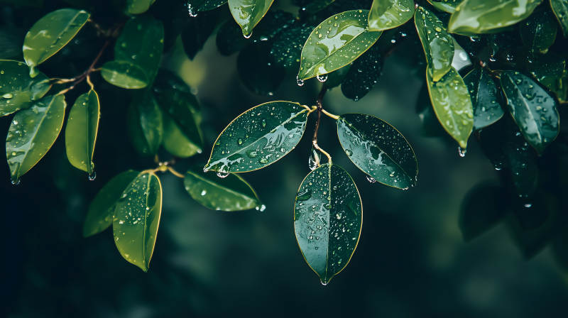 挂着水珠的翠绿叶片的自然清新画面图片