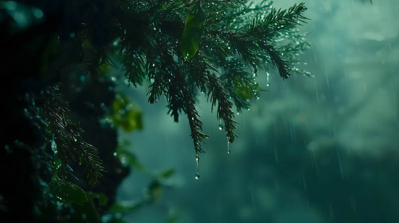雨中挂着水珠的深绿色松树枝画面图片