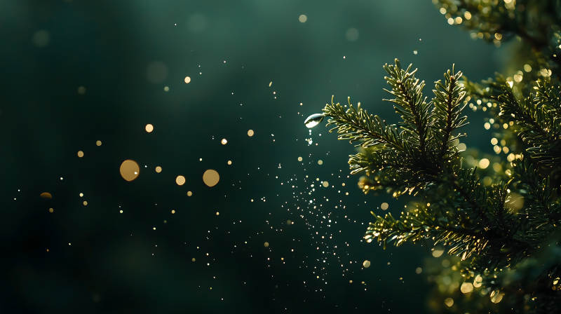 雨中挂着水珠的深绿色松树枝画面图片