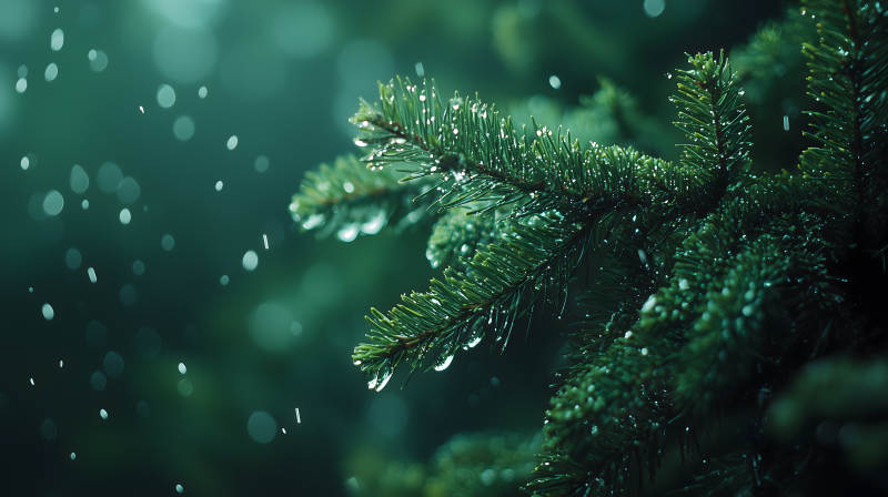 雨中挂着水珠的深绿色松树枝画面图片
