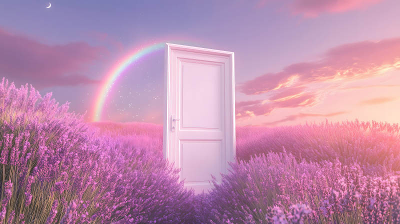 梦幻门后薰衣草田彩虹星空映图片