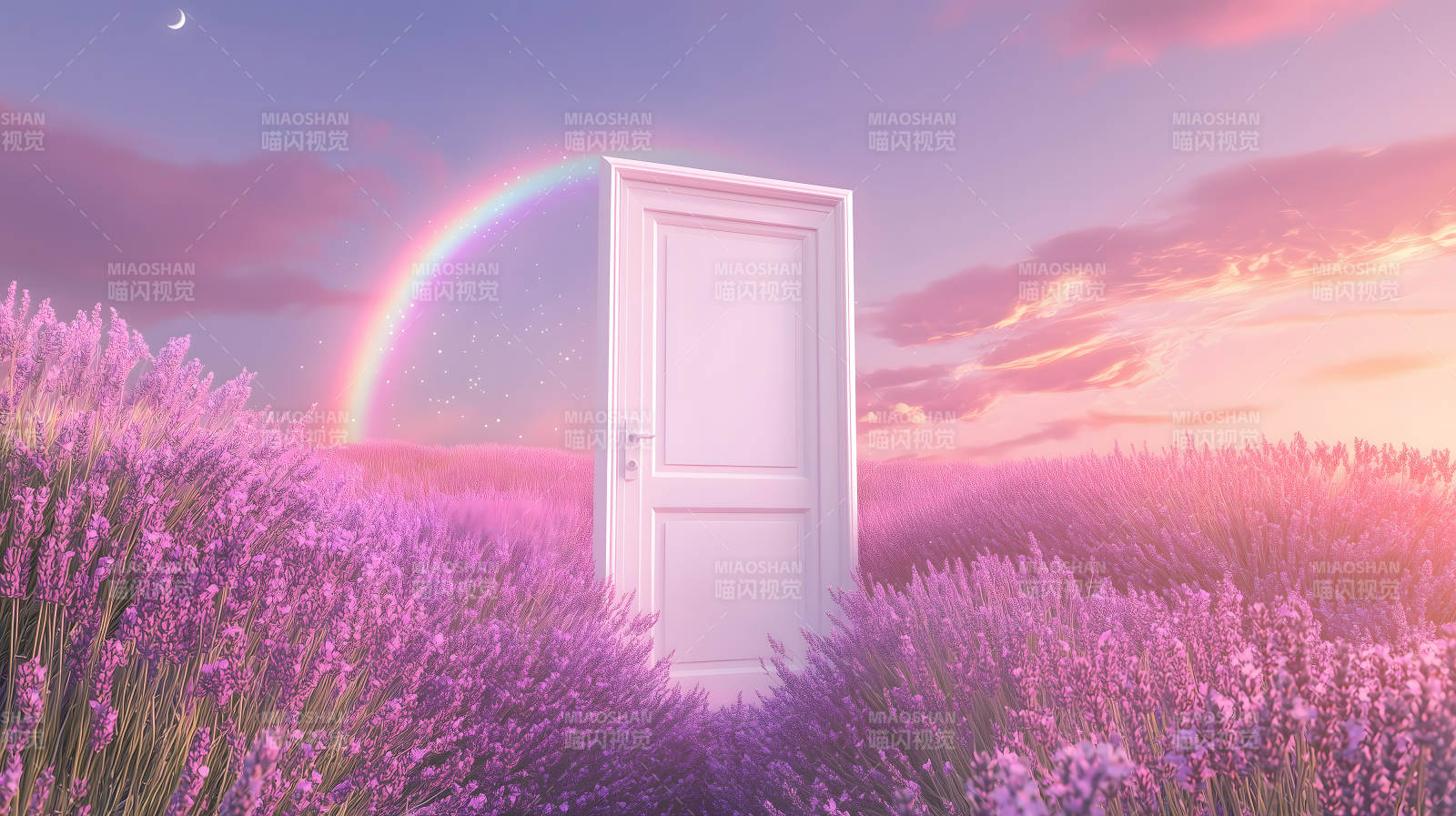 梦幻门后薰衣草田彩虹星空映图片