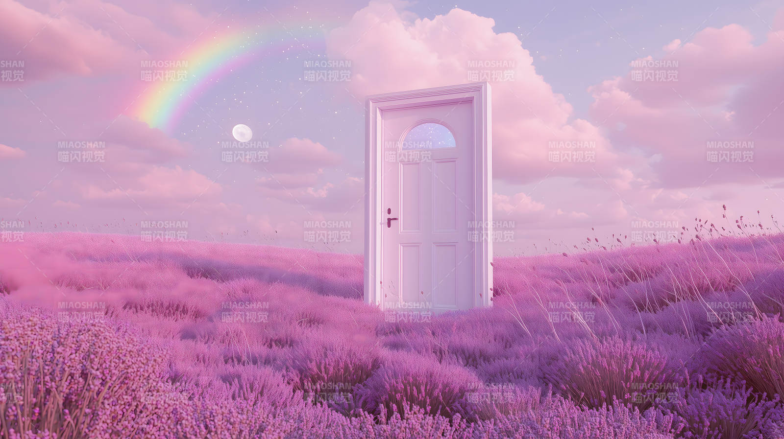 梦幻门后薰衣草田彩虹星空映图片