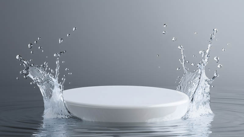 白色展台激起两侧水花的动感画面图片