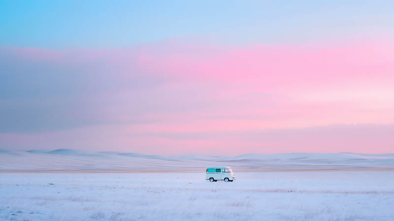 雪地粉霞面包车图片
