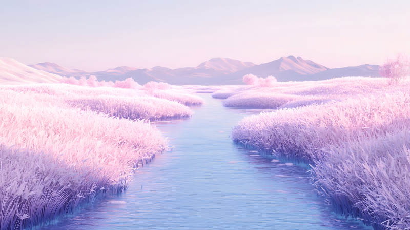 粉草地溪流景图片