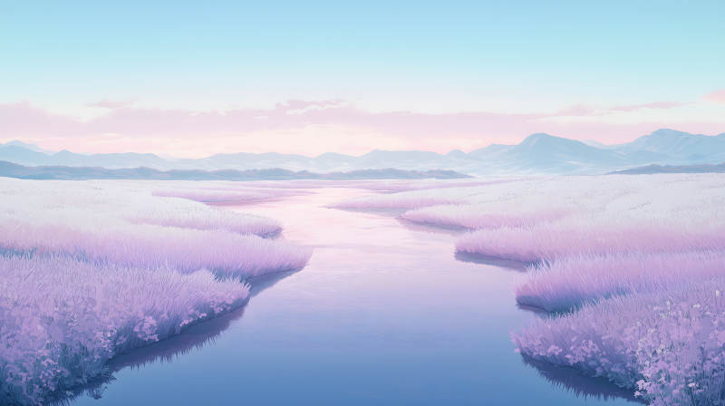 粉草地溪流景图片