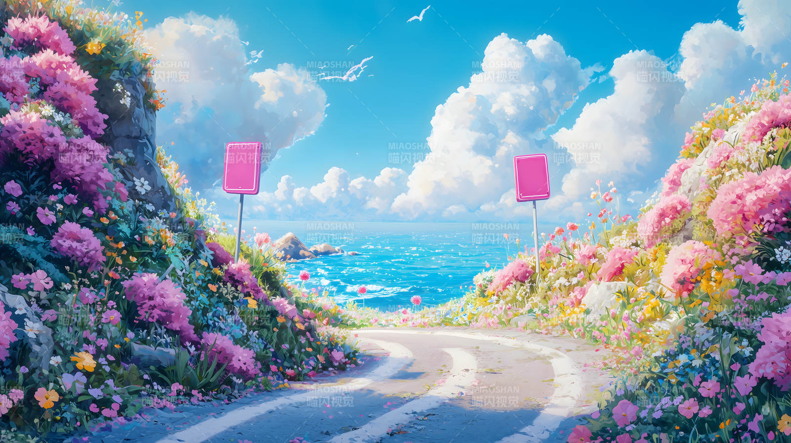粉花夹道远望海景梦幻之路图片