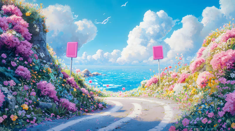 粉花夹道远望海景梦幻之路图片