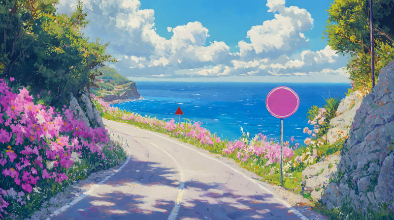 粉花夹道远望海景梦幻之路图片