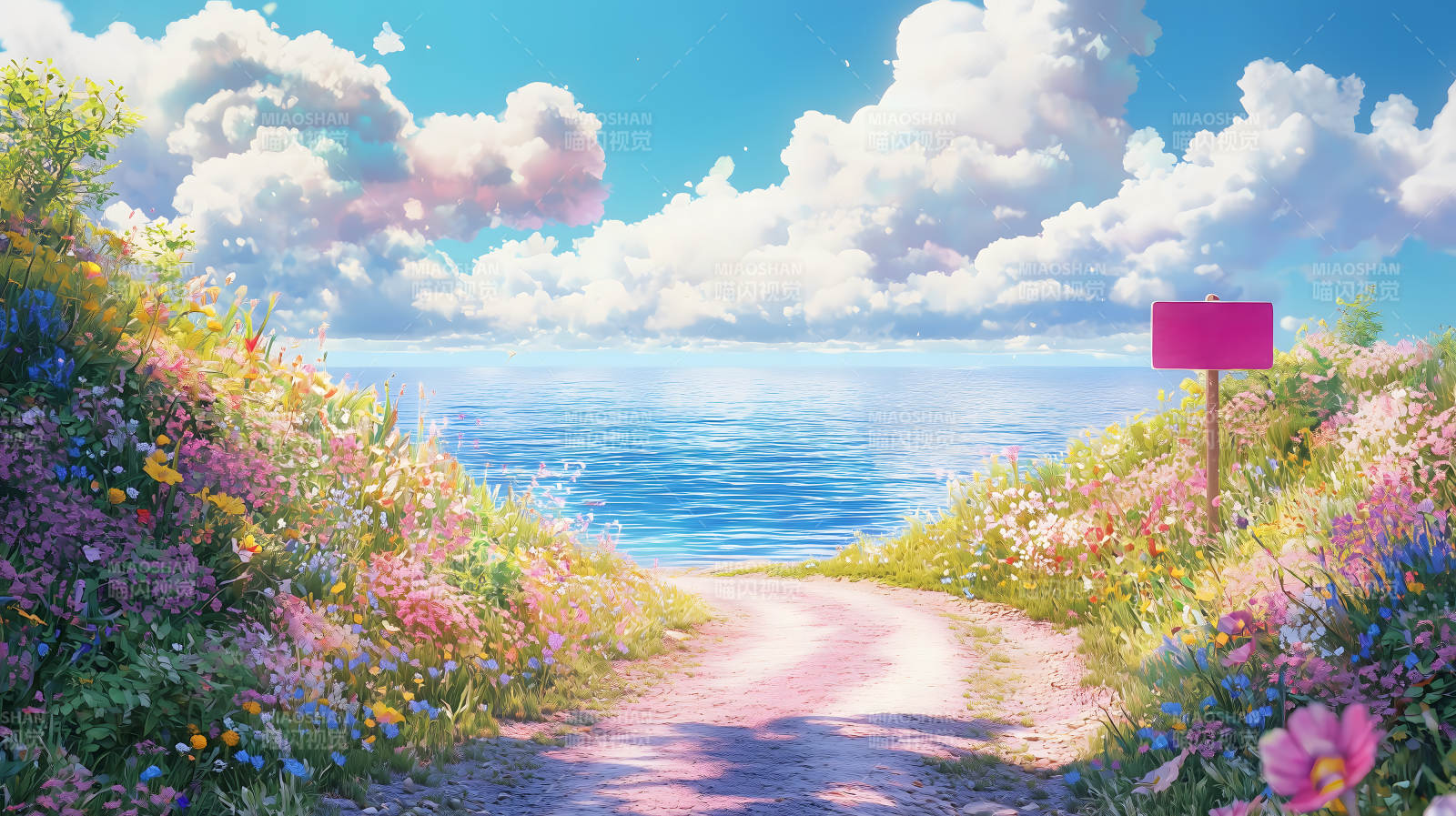 粉花夹道远望海景梦幻之路图片