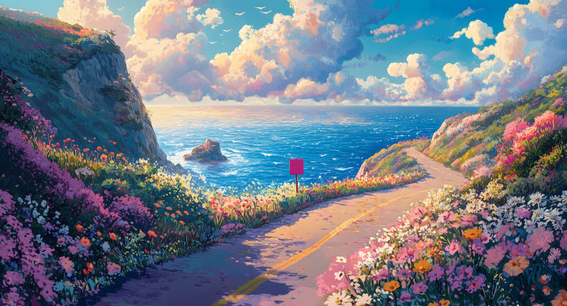 粉花夹道远望海景梦幻之路图片