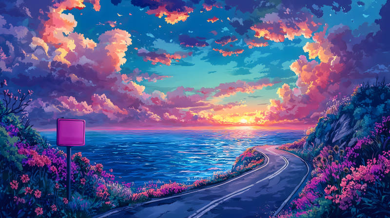 粉花夹道远望海景梦幻之路图片