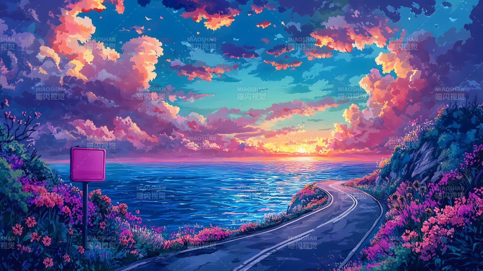 粉花夹道远望海景梦幻之路图片