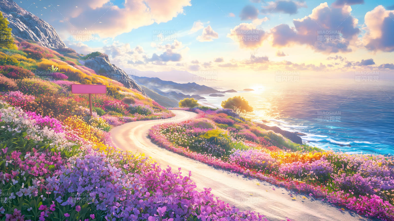 粉花夹道远望海景梦幻之路图片