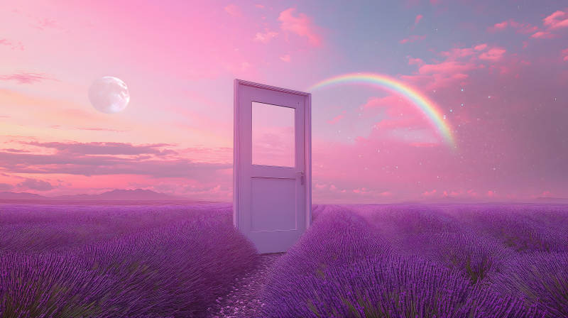 梦幻门后薰衣草田彩虹星空映图片