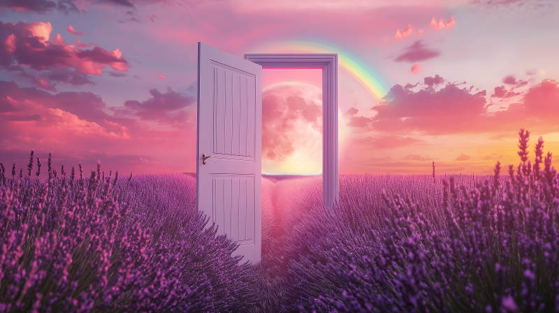 梦幻门后薰衣草田彩虹星空映图片