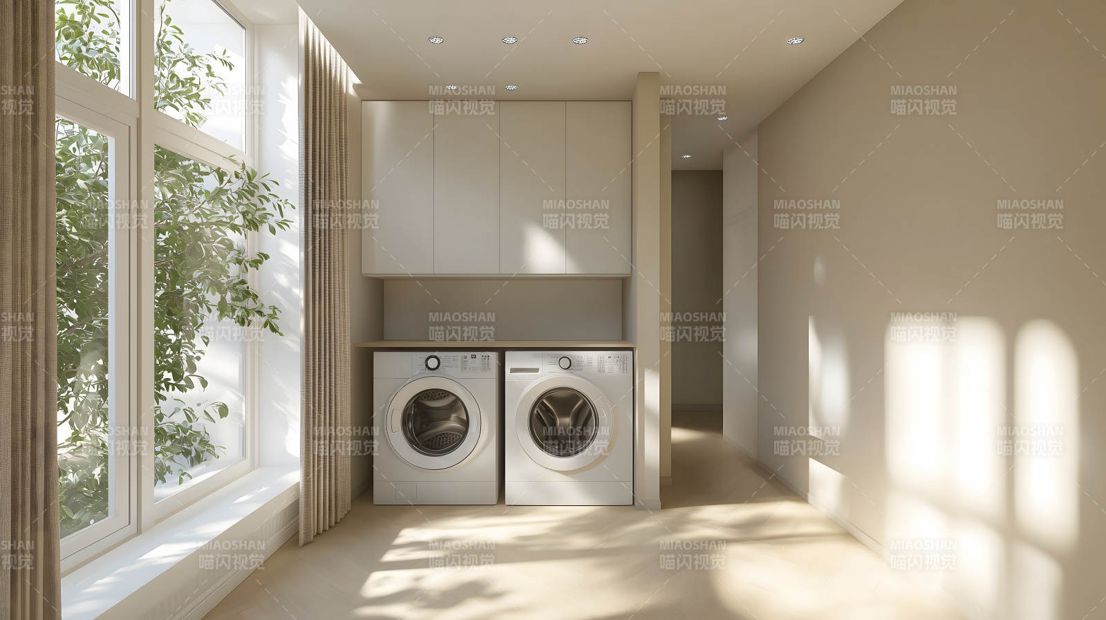 暖光营造的简约木质洗衣房空间图片