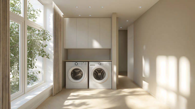 暖光营造的简约木质洗衣房空间图片