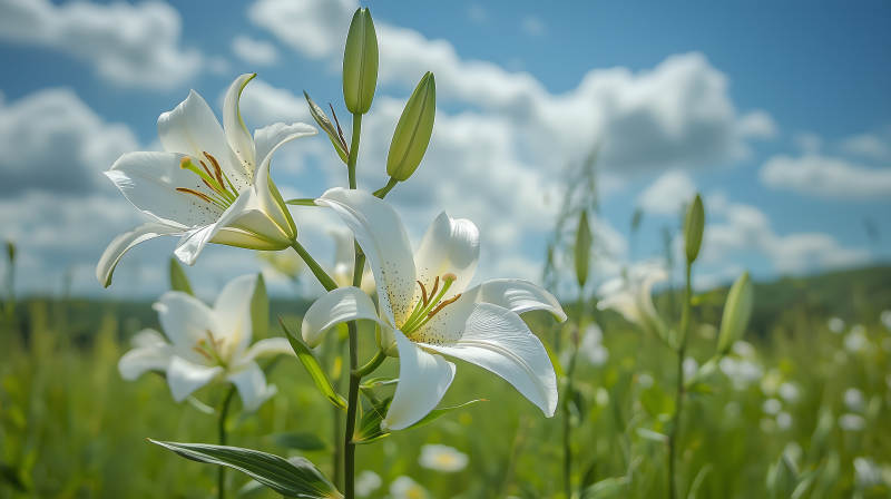 蓝天绿草百合花图片