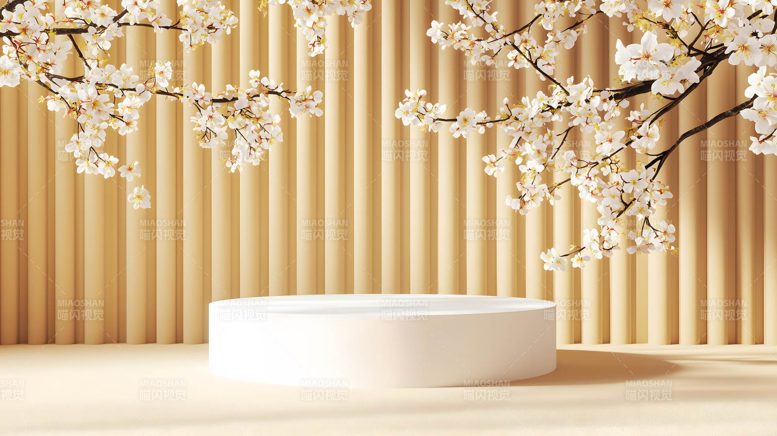 米白色背景中带白色花枝的圆形展台图片