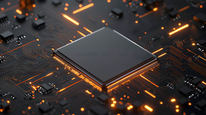 带橙色光点的电路板及中央芯片画面图片