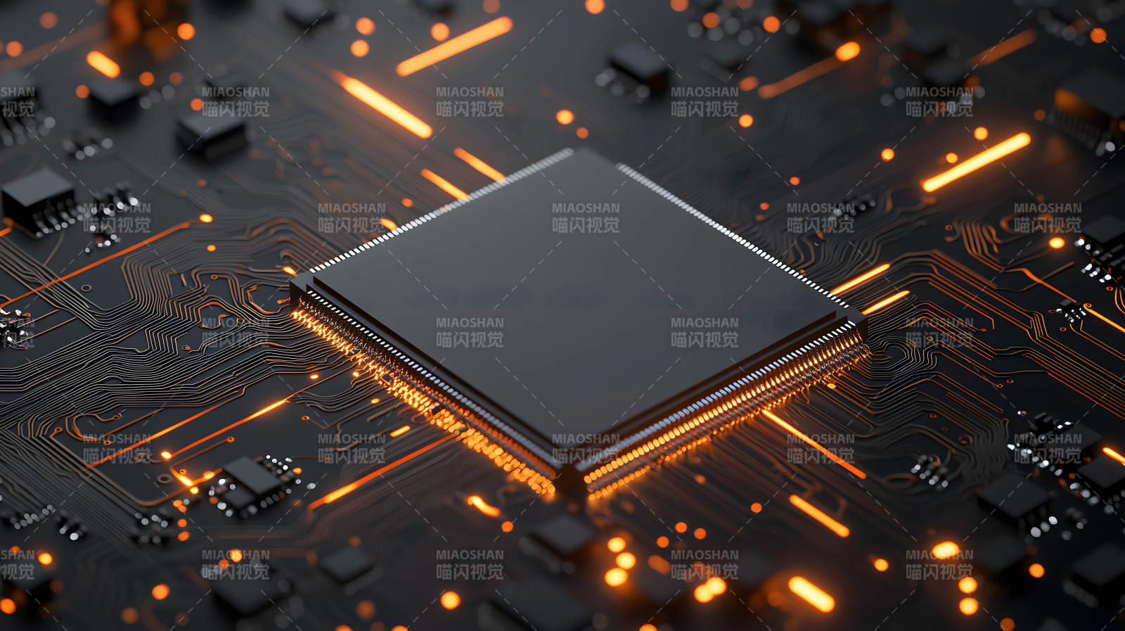 带橙色光点的电路板及中央芯片画面图片