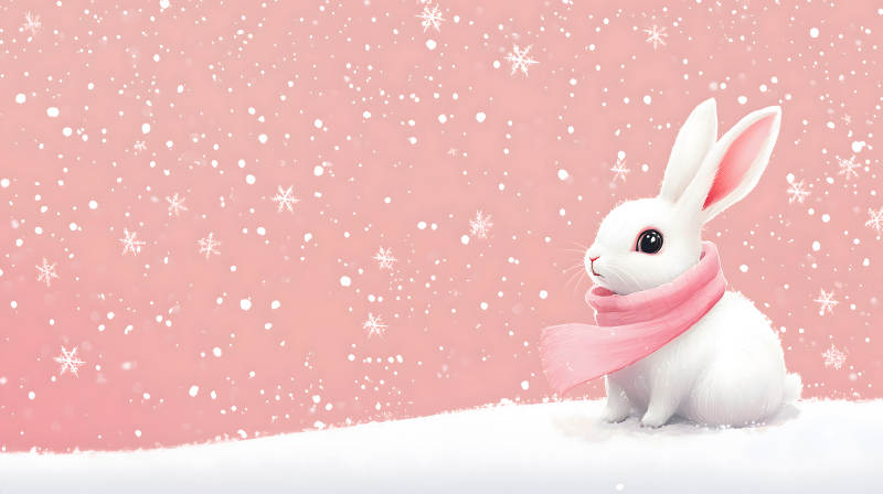 雪中戴着粉色围巾的可爱白兔形象图片