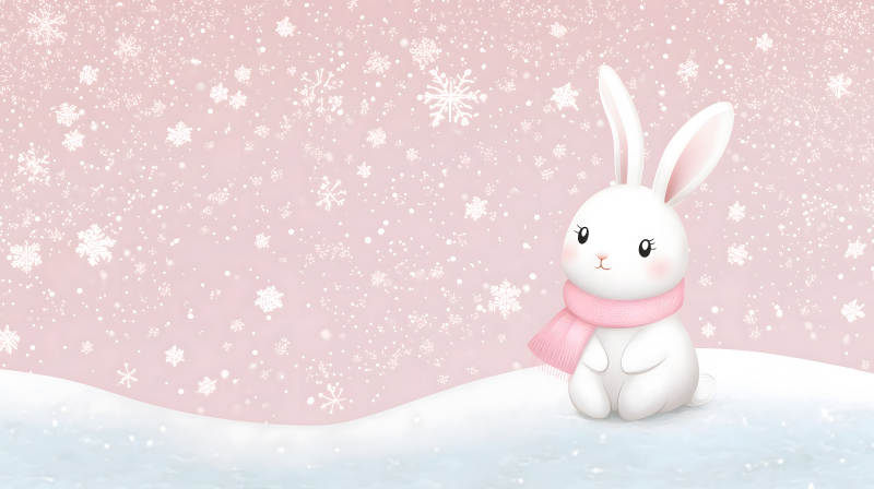 雪中戴着粉色围巾的可爱白兔形象图片