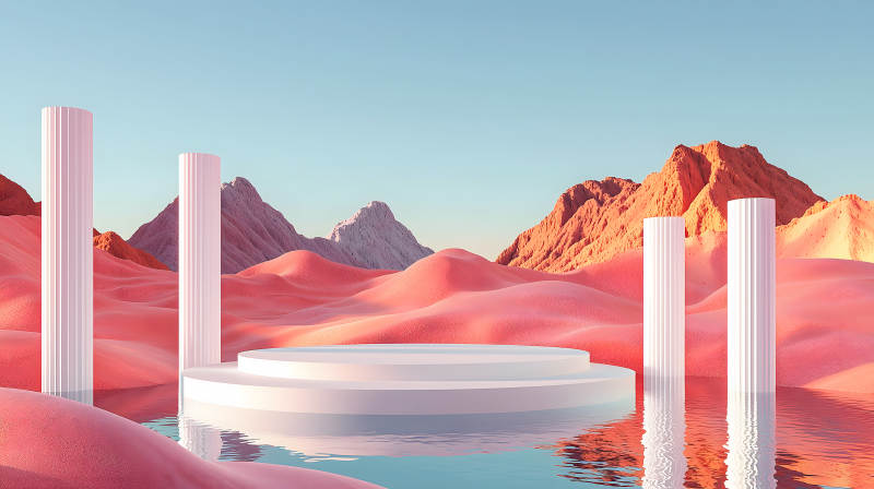 粉蓝山水间的白色双层圆形展示台图片