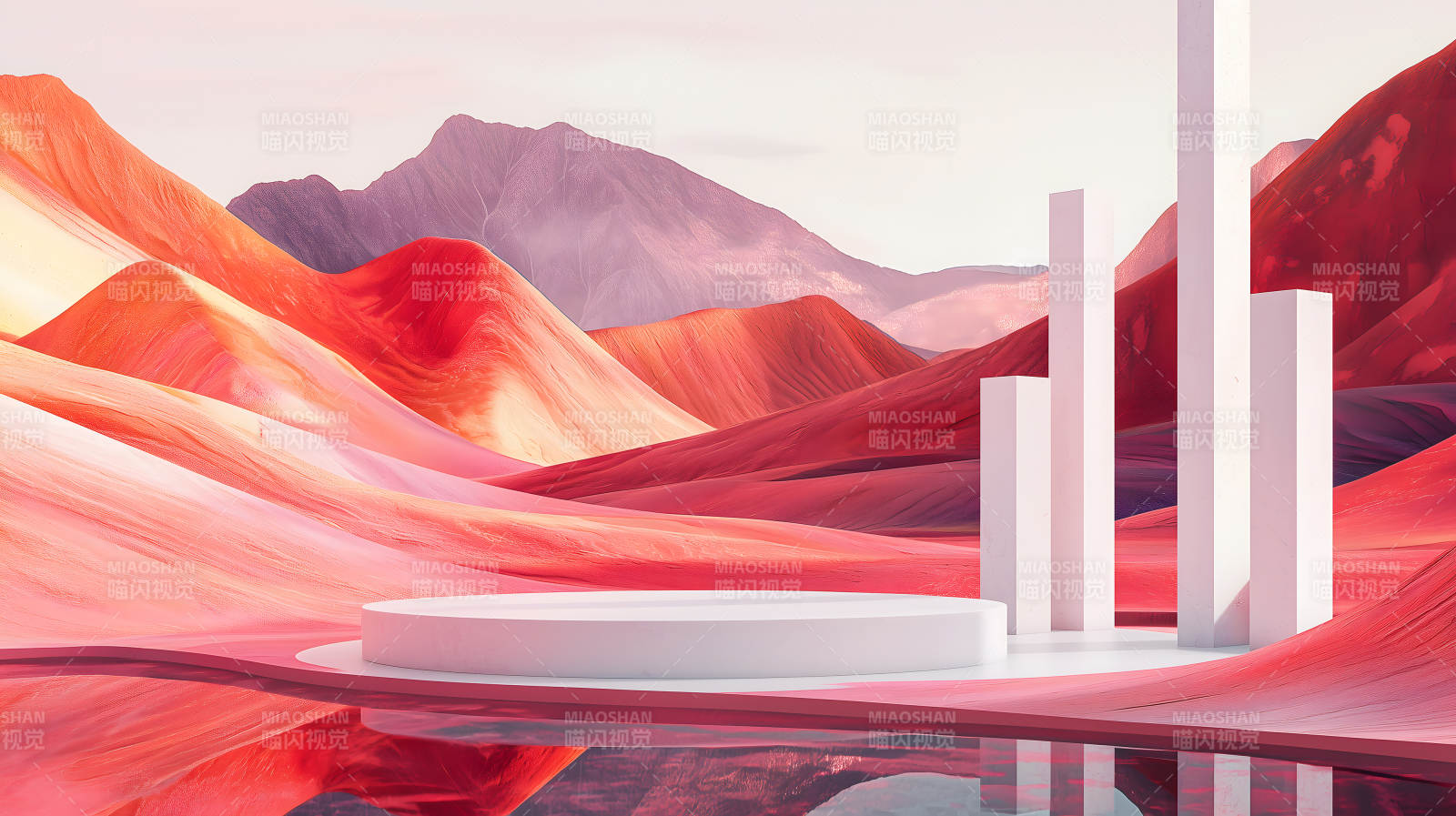 粉蓝山水间的白色双层圆形展示台图片