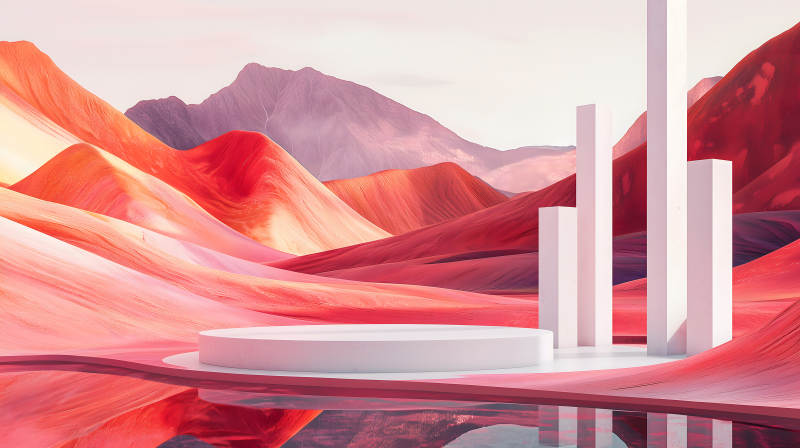 粉蓝山水间的白色双层圆形展示台图片