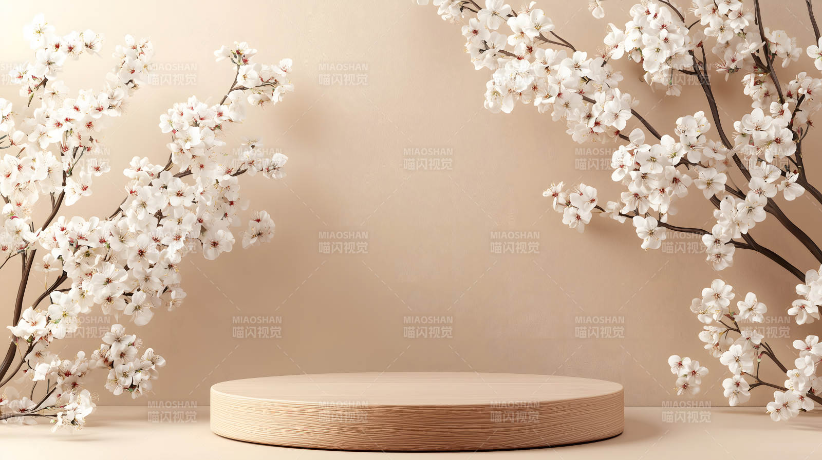 米色背景配白色花枝的木质圆形展台图片