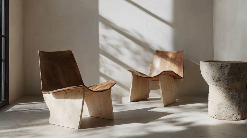 暖光下简约室内的木质单人座椅图片